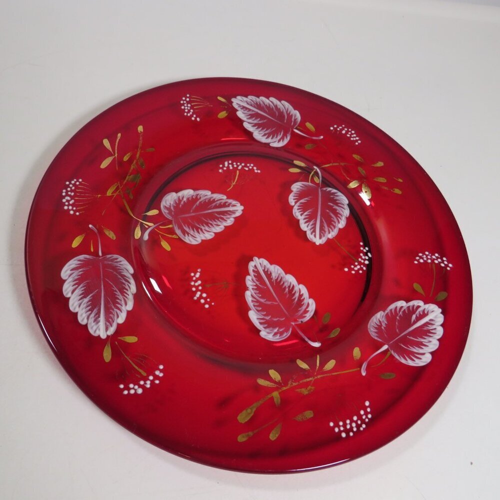 Ruby Red Thick Glass Plate with White Leaves & Gold Accents